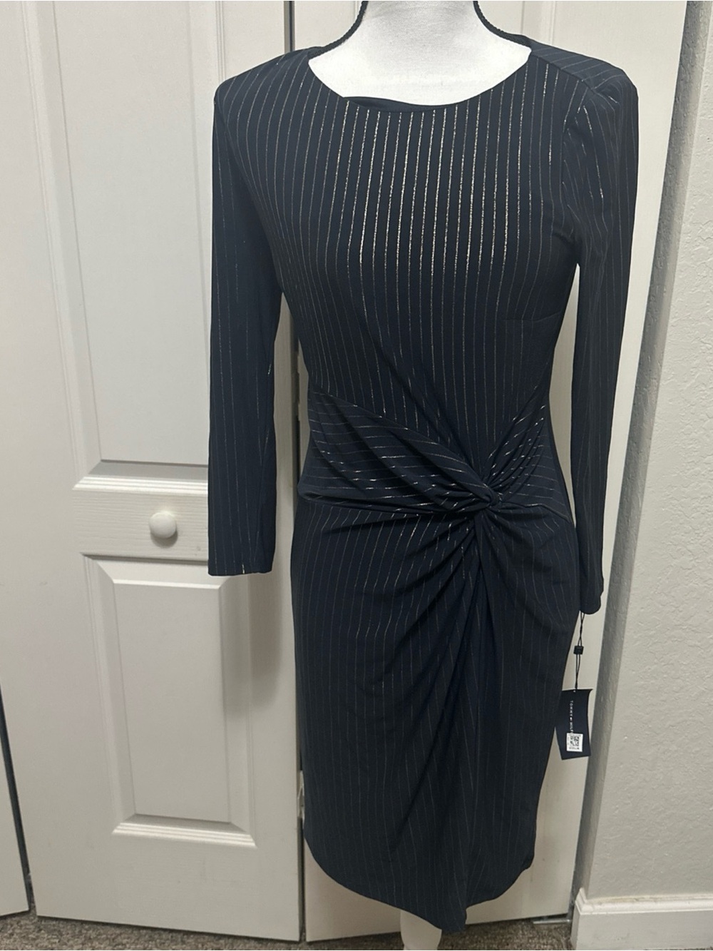 Tommy Hilfiger Navy Dress with Silver Pinstripes and Twist Waist New